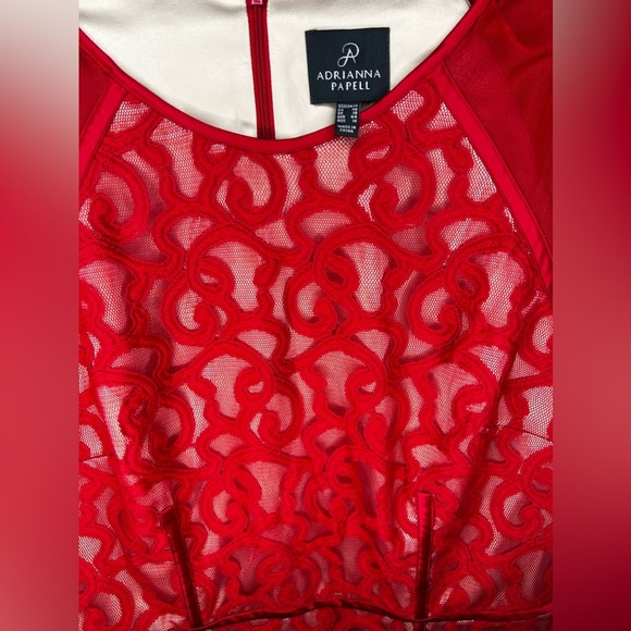 Womens Adrianna Papell Red Nylon Geometric Designer Cap Sleeve Midi Dress 14 - Picture 3 of 6